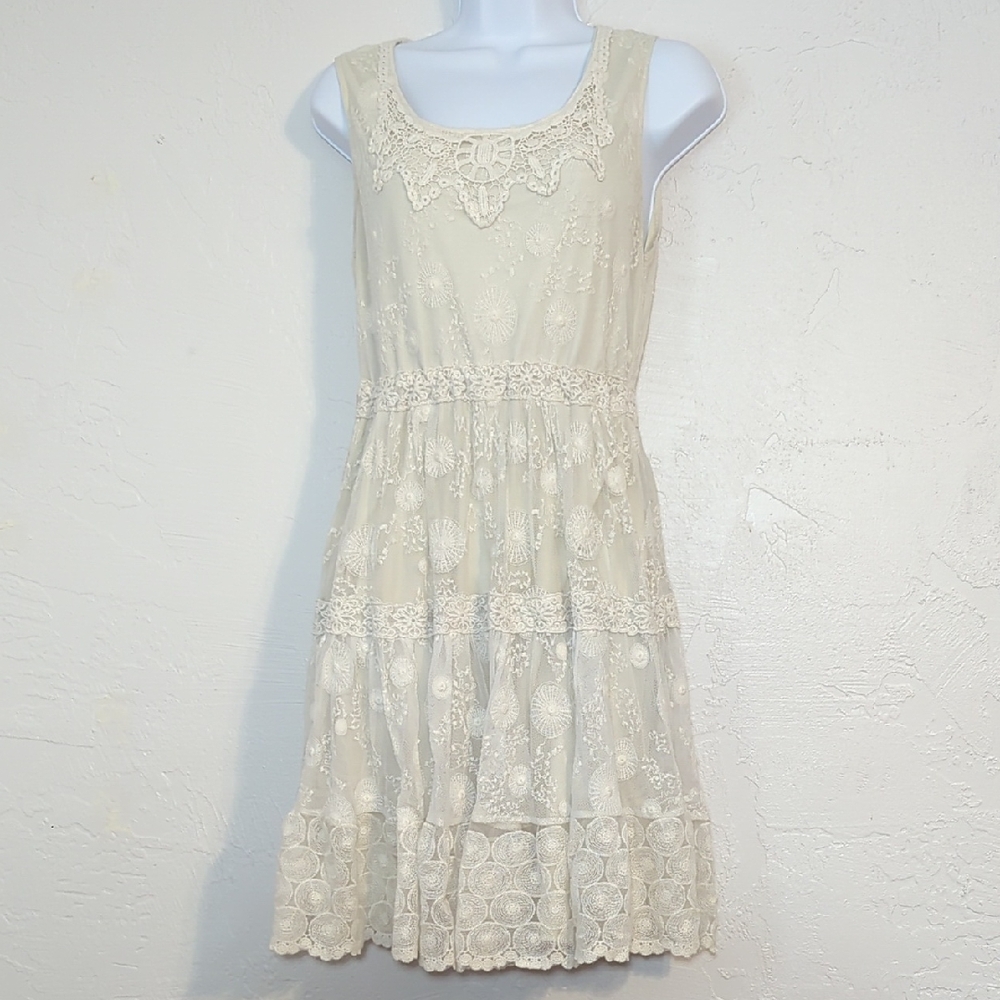 Elegant Cream Lace Mini Dress Dainty Feminine Coquette Boho Romantic LWD Cottage